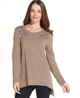 tunic petite embellished handkerchief hem tops