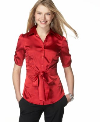 BCX Charmeuse Tie-Waist Blouse