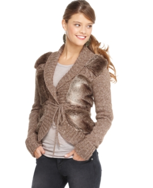 Dollhouse Jacket, V-Neck Long Sleeve Faux Fur Knit Tie Sweater