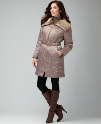 Alfani Coat, Faux Fur Long Sleeve Belt Puffer 