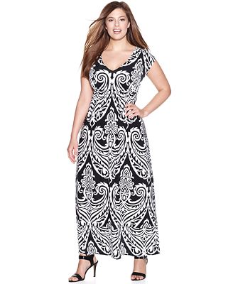 INC International Concepts Plus Size Cap-Sleeve Printed Maxi Dress