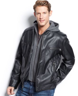 Calvin Klein Hooded Faux Leather Moto Jacket - Coats & Jackets - Men - Macy&#39;s