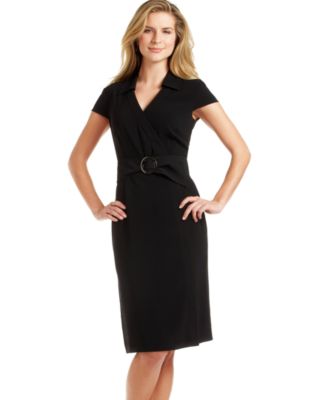 Tahari by Arthur S. Levine Matte Crepe V-Neck Belted Dress