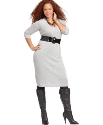 L8ter Plus Size Dress, Three Quarter Sleeve Belted
