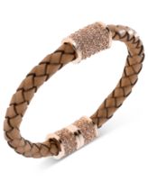 Michael Kors Bracelet, Rose Gold-Tone Tan Braided Leather Crystal Pave Barrel Bracelet