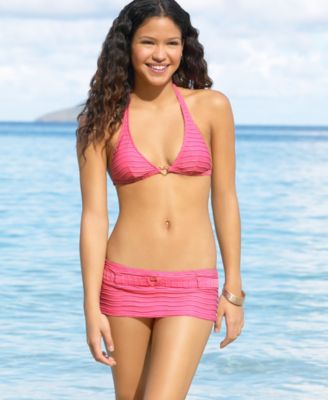 XOXO Sparkle-Stripe Banded Halter Top & Skirted Bikini Bottom