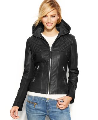 macy's black leather jacket womens