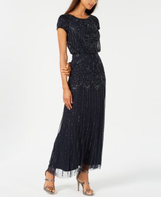 Adrianna Papell Beaded Short-Sleeve Gown French Blue 16