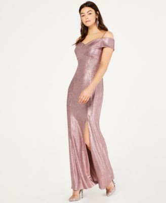 R M Richards Cold-Shoulder Foil Gown ChampangeGold 4