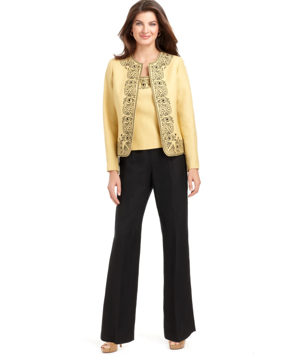 Kasper NEW Brazilian Sky Gold Embriodered Collarless Dress Pants Suit ...
