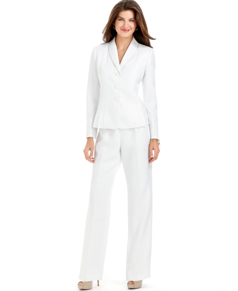 Le Suit NEW White Textured Seamed Shawl Collar Jacket 2PC Dress Pant ...