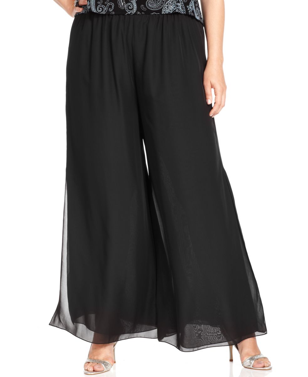 Alex Evenings NEW Black Chiffon Side Slit Wide Leg Pants Bottoms Plus ...