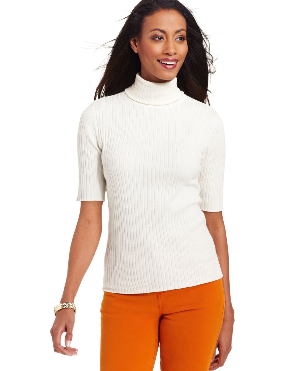 Charter Club NEW Ivory Knit Ribbed Elbow Sleeves Turtleneck Sweater Top ...