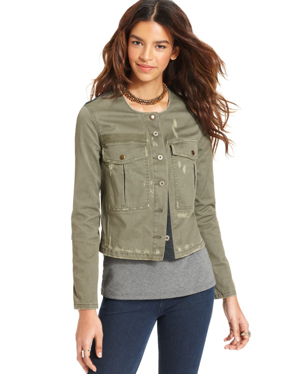 Free People NEW Green Twill Distressed Military Cropped Jacket Coat ...