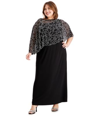 MSK Plus Size Beaded Cape Gown BlackSilver 1X