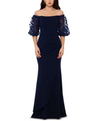 XSCAPE Off-The-Shoulder Floral-Sleeve Navy 14