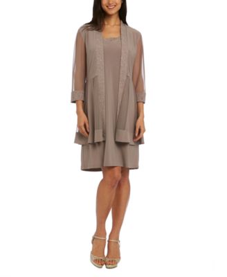 R M Richards Embellished Dress 34-Sleeve Taupe 14