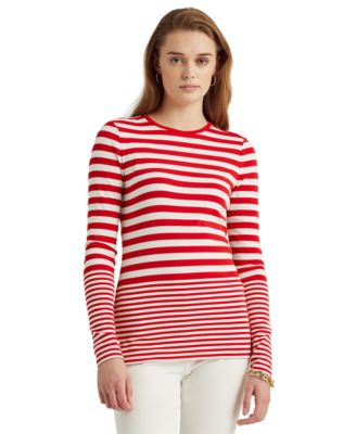 LAUREN RALPH LAUREN Womens White Striped Long Sleeve Crew Neck Wear to Work Top XL