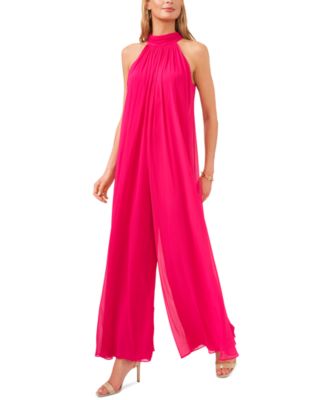 VINCE CAMUTO Womens Pink Zippered Tie Draped Front Sheer Lined Sleeveless Halter Party Wide Leg Jumpsuit XS