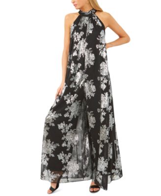 MSK Metallic Floral-Print Halter W BlackSilver L