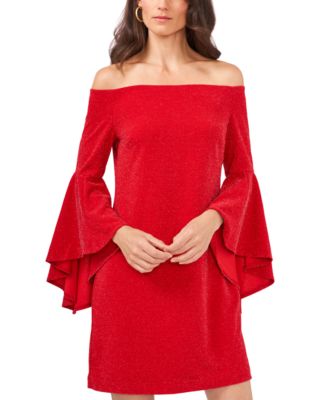 VINCE CAMUTO Womens Red Glitter Pullover Lined Bell Sleeve Off Shoulder Short Cocktail Shift Dress XS