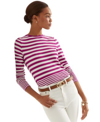 RALPH LAUREN Womens Yellow Striped Long Sleeve Crew Neck Top M