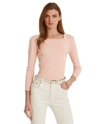LAUREN RALPH LAUREN Womens Pink Striped 3/4 Sleeve Square Neck Top XL