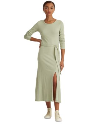 LAUREN RALPH LAUREN Womens Green Ribbed Slitted Tie Belt Unlined Long Sleeve Crew Neck MIDI Fit + Flare Dress