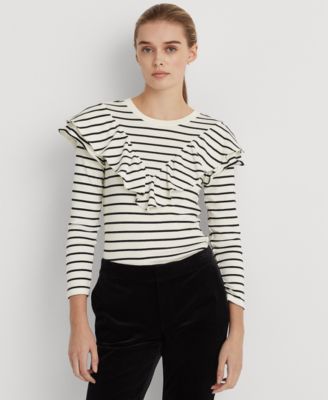 LAUREN RALPH LAUREN Womens Ivory Ruffled Striped Long Sleeve Crew Neck Top M
