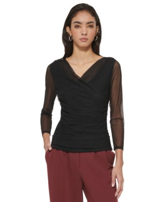 DKNY Womens Mesh Faux-Wrap Top Black M 755404617575 M RT $89.0