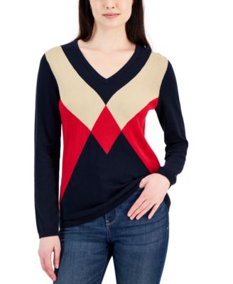 Tommy Hilfiger Womens Cotton Argyle V-Neck 196701622105 LARGE RT $69.5