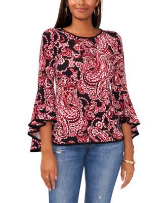 Sam Jess Peacock Bell-Sleeve Top Black Red 192081767351 LARGE RT $59.0