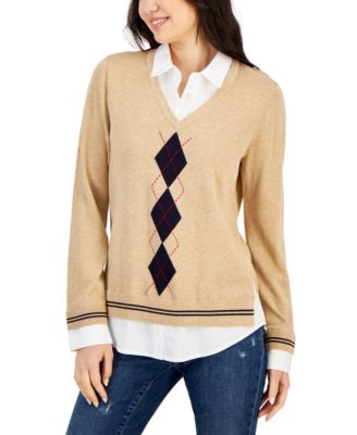 Tommy Hilfiger Womens Cotton Argyle Layered- 196701617156 XL RT $89.5