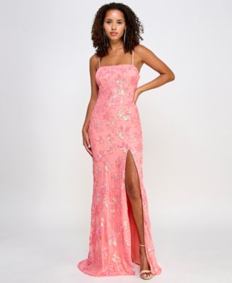 Emerald Sundae Juniors Floral-Sequined Gown Coral Peach M