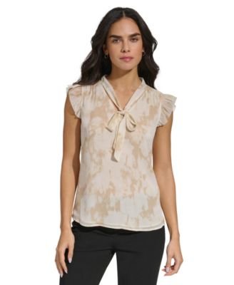 Calvin Klein Womens Printed Cap-Sleeve Tie 197383400838 S RT $59.0