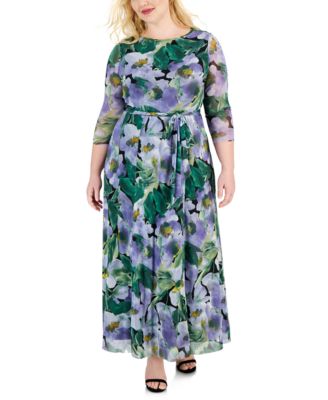 Anne Klein Plus Size Floral-Print Maxi Dr Black Lavender 2X