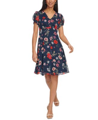 Calvin Klein Womens Printed Chiffon Tulip- Indigo Multi 10