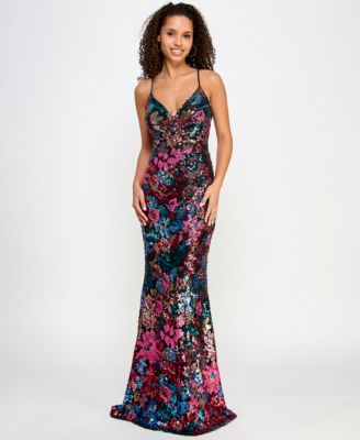 Crystal Doll Juniors V-Neck Floral-Sequin Black Multi 7