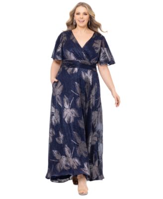 Betsy Adam Plus Size Metallic-Print A-Lin Navy Gunmetal 18W