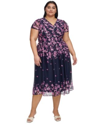 DKNY Plus Size Floral Print Cap Sle NavyPink 18W