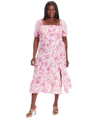 London Times Plus Size Printed Puff-Sleeve Red Multi 22W