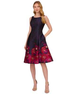 Adrianna Papell Womens Boat-Neck Fit Flare Navy Pink Multi 2