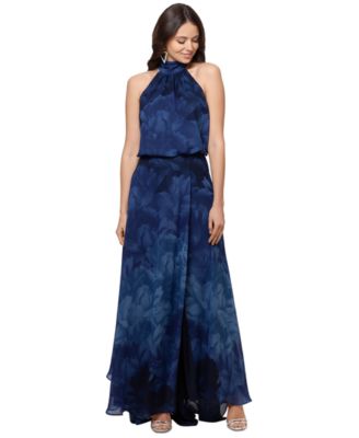 Betsy Adam Petite Floral-Chiffon Halter-N Navy 12P