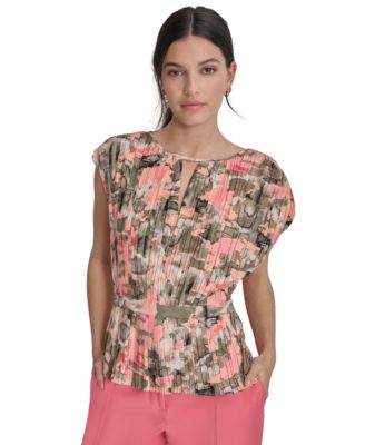DKNY Womens Printed Crewneck Pleat Lt 755403679376 LARGE RT $79.0