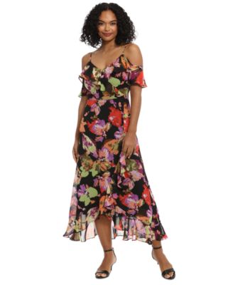 London Times Petite Floral-Print Cold-Shoul Black Multi 10P