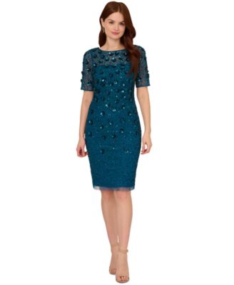 Adrianna Papell Beaded Floral Sheath Dress Green Slate 10