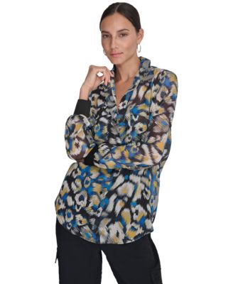 DKNY Womens Printed Button-Front L Abstract 755403530356 M RT $89.0 #1