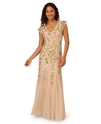 Adrianna Papell Womens Beaded Mesh Flutter-Sl Light Champagne 12