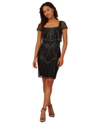 Adrianna Papell Womens Beaded Short-Sleeve Po Black Gunmetal 18