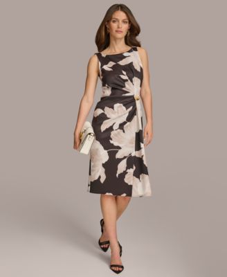 Donna Karan New York Womens Floral Side-Ruched Sle Black Fawn Multi 2